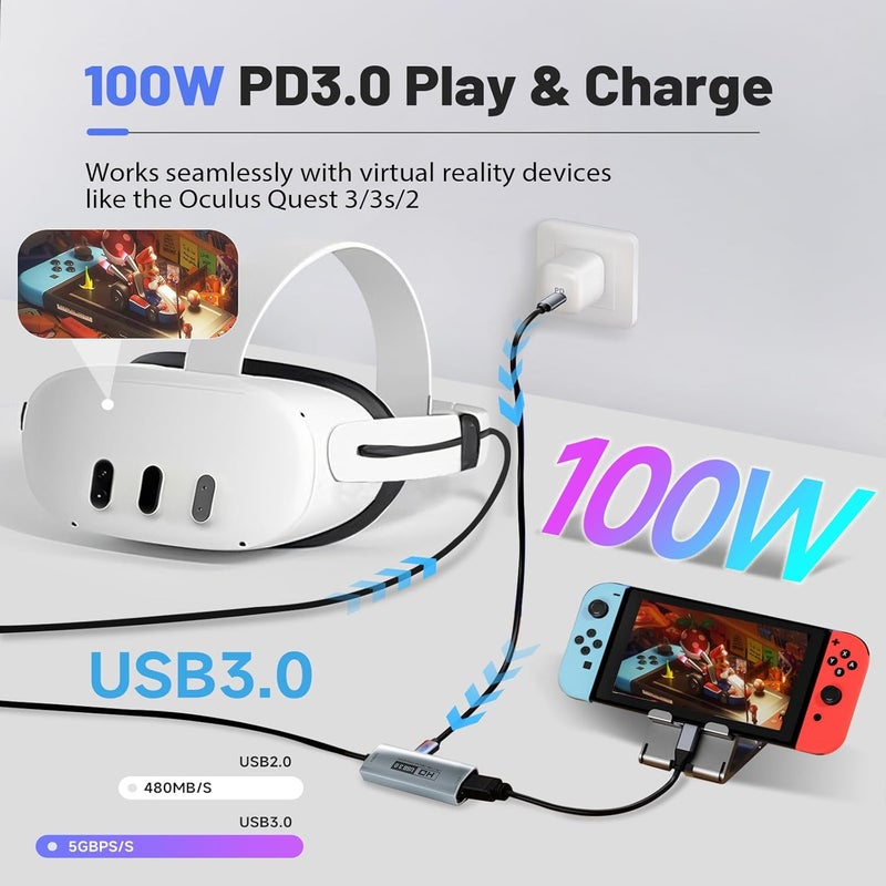 Guermok USB3.0 Video Capture Card for Streaming, PD100W, 90° USBC & Type C Adapter, 3.3ft 2K@30FPS 1080P@60FPS HDMI to USB A/C Capture Devices for Oculus /Quest3 /iPad/MacOS/Switch /PS5/4 - Image 2